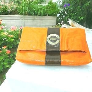 Elizabeth Grant Patent Leather Handbag 14" Caramel And Brown